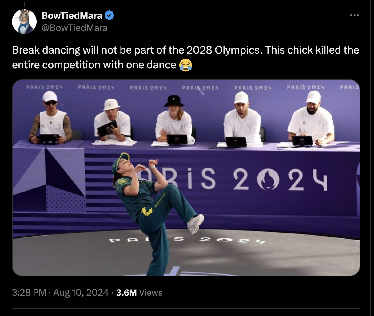 screenshot - BowTiedMara Break dancing will not be part of the 2028 Olympics. This chick killed the entire competition with one dance Paris 2024 Paris 2024 Paris 2024, Paris 2024 Paris 2024 Paris 2024 Baaaa Ris Pris 2024 Paris 3.6M Views 024